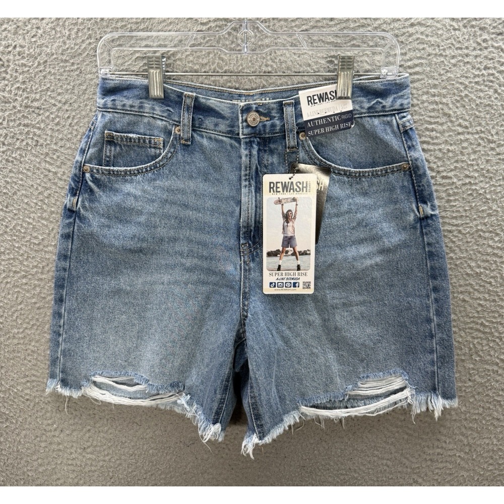 Rewash Shorts Womens 5/27 Blue Super High Rise A Line Bermuda Distressed NEW